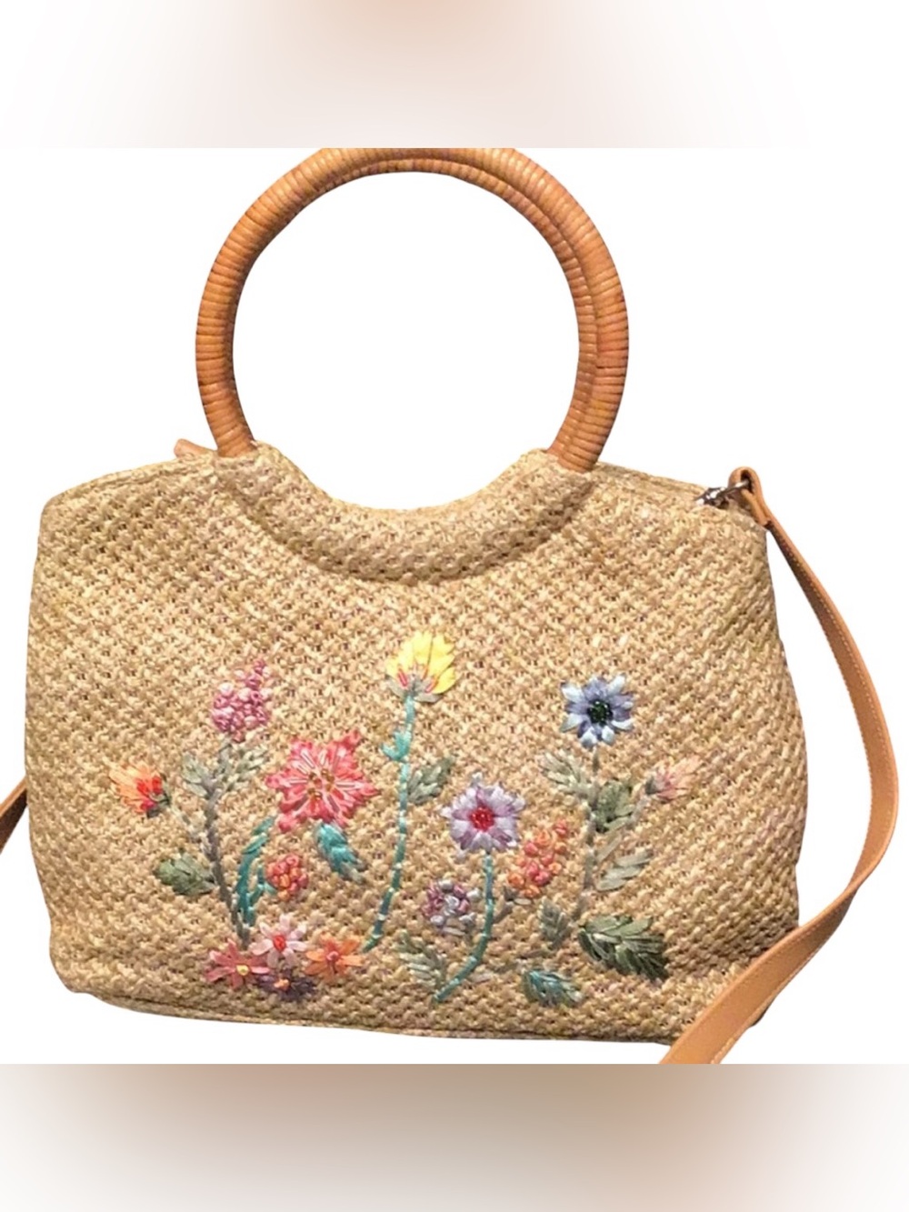 Floral Embroidered Straw Bag with Tan Handles